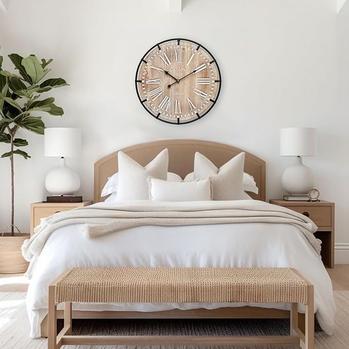 20 Inch Grand Farmhouse Wall Clock, Vintage-Inspired Wood & Metal Design with Large Etched Numbers, Silent Battery-Powered Timepiece for Offices, Kitchens, Bedrooms, and Living Rooms-CasaMuseHome