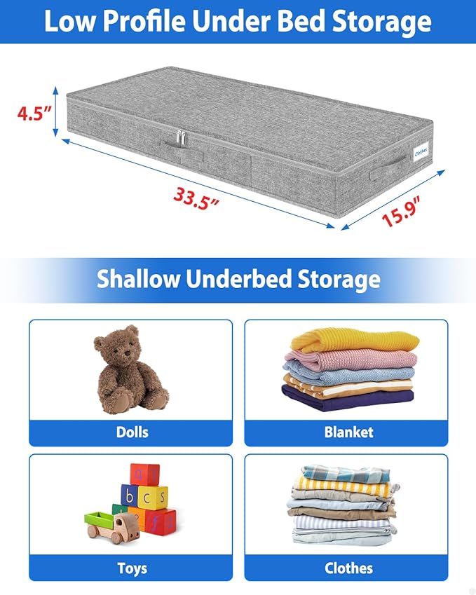 2 Pack Low Profile Under Bed Storage Containers 4.5 Inch Height, Shallow Underbed Couch Storage Organizer With Sturdy Sidewalls/Bottom, Thin Underbed Storage Bins For Clothes Dorm Dresser Sofa- Grey-CasaMuseHome