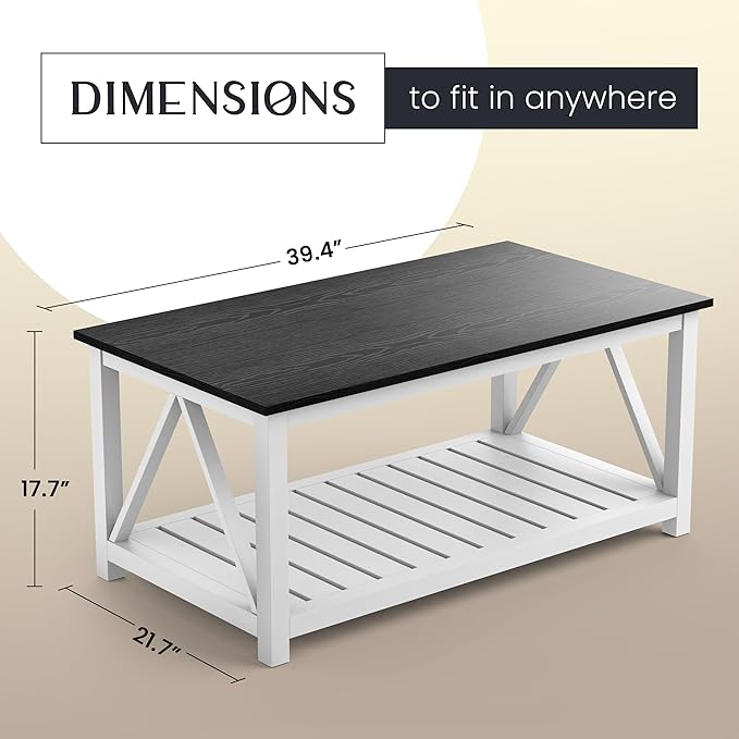 40" Farmhouse Coffee Table | Vintage Rustic Wooden Coffee Table with Lower Shelf for Living Room, Dorm, Office, Bedroom Center Table - Black-CasaMuseHome