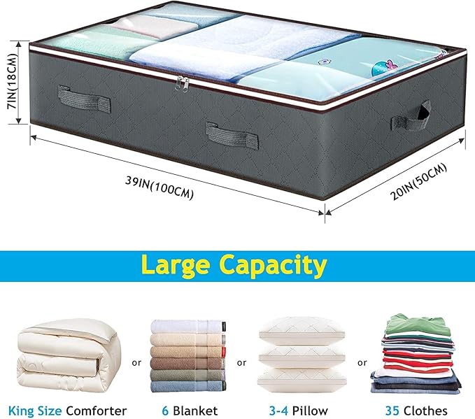 90L Under Bed Storage Containers, Underbed Toy Organizers and Clothing Storage Bags, Closet Storage Bins with Clear Window for Organizing Blanket Comforter Bedding Clothes Bedroom Dorm, 2 Pack-CasaMuseHome