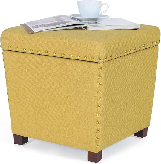 Adeco Square Storage Ottoman with Hinged Lid, Modern Accent Bench Footrest Stool, Coffee Table for Living Room Bedroom,Yellow Large-CasaMuseHome