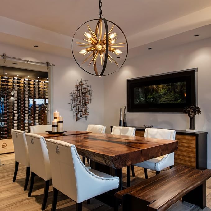 17.72'' Black Gold 8-Light Globe Sputnik Chandelier Modern Industrial Adjustable Hanging Ceiling Firework Pendant Light Fixture for Entryway Stairway Kitchen Dining Living Room Hallway-CasaMuseHome