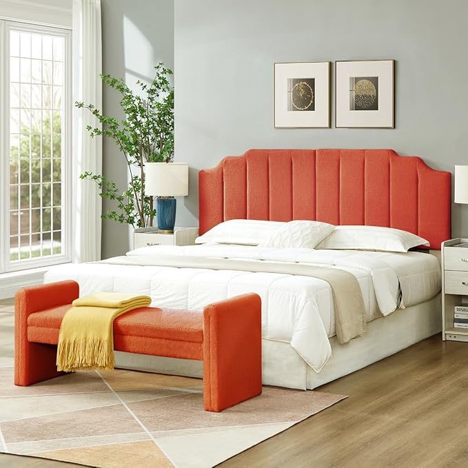 24KF Orange Teddy Fabric Tufted King Upholstered Headboard, Modern Vertical Channel Design California King Headboard with Stepped Silhouette Top Edge,6026-K-Teddy Orange-CasaMuseHome