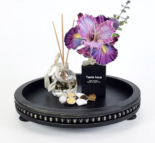 12 Inches Rustic Wooden Decorative Tray, Small Round Beaded Wood Tray for Kitchen Dinning Table Centerpiece Decor Entryway Living Room Home Decor, Black-CasaMuseHome