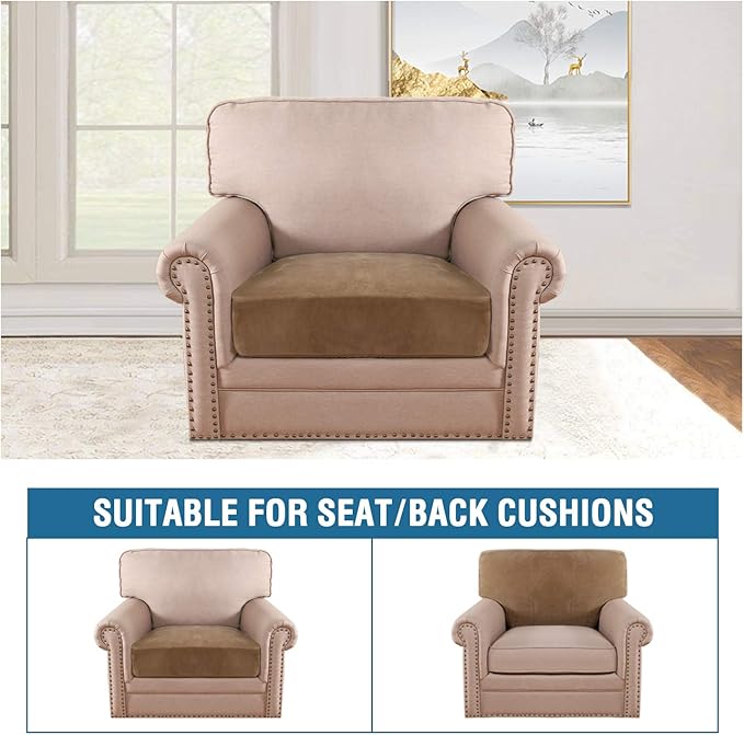 H.VERSAILTEX Velvet Stretch Couch Cushion Cover Plush Cushion Slipcover for Chair Cushion Furniture Protector Seat Cushion Sofa Cover (1 Piece Armchair Cushion Covers, Camel)-CasaMuseHome