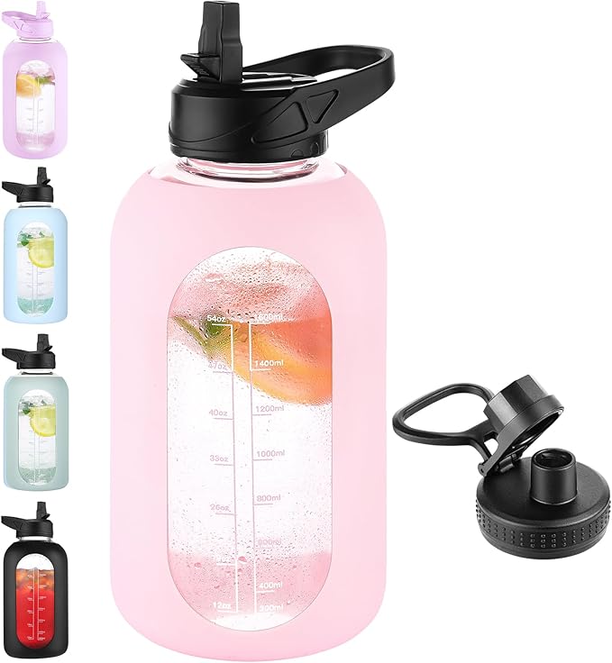 64 oz Glass Water Bottle With Straw and Handle, Half Gallon Sports Motivational Water Jug Flask with Silicone Sleeve, Large Water Cup with Time Marker for Travel, Gym, Blush-CasaMuseHome