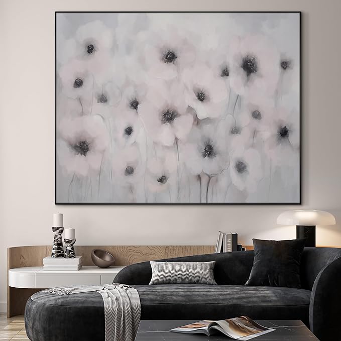 36"x46" Extra Large Framed Wall Art Soft White Poppies Watercolor Floral, Delicate Botanical for Home Living Room Bedroom Decor (Frame Assembly Required)-CasaMuseHome