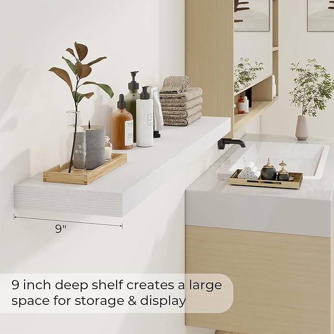 48 inch Floating Shelves for Wall Large Wall Mounted Shelves with Invisible Brackets, White Long Shelves for Bathroom, Living Room, Kitchen, Office, 48x9.1 inch deep Set of 2-CasaMuseHome