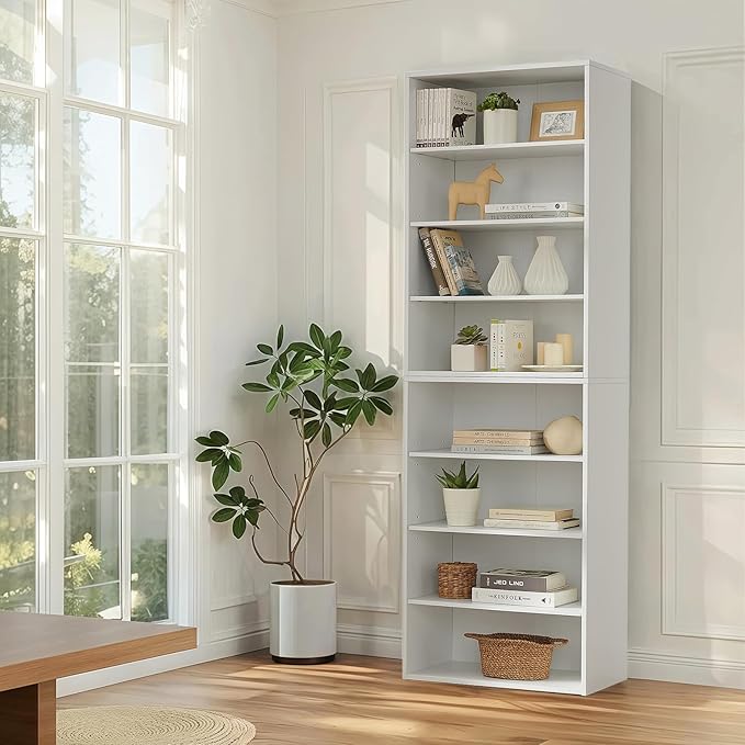 71 Inch Tall 8-Shelf Bookcase, Wood Bookshelf Storage Organizer Adjustable Shelf for Home Office Living Room, Converts into Two 4-Shelf Bookshelves, White-CasaMuseHome