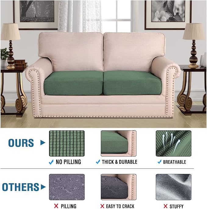 H.VERSAILTEX Super Stretch Individual Seat Cushion Covers Sofa Covers Couch Cushion Covers Slipcover Sets Thick Jacquard Textured Twill Fabric (2 Piece Medium Sofa Cushion Covers, Loden Frost)-CasaMuseHome
