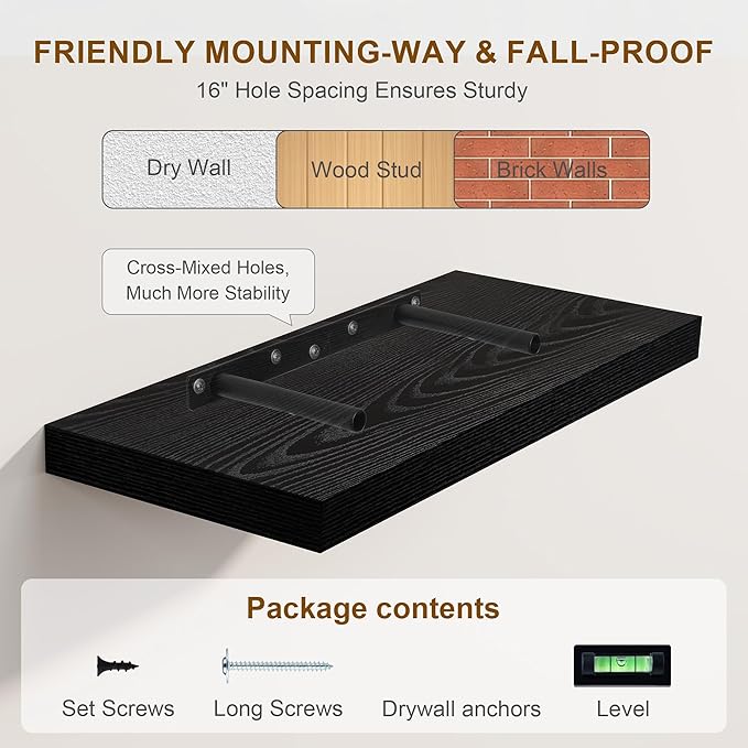 30 Inch Floating Shelves, Rustic Floating Wall Shelves 8 Inch Deep, 30 x 8 Floating Shelves for Home Decor, Deep Display & Storage Shelves for Kitchen, Bathroom, Living Room, Black Color, Set of 2-CasaMuseHome