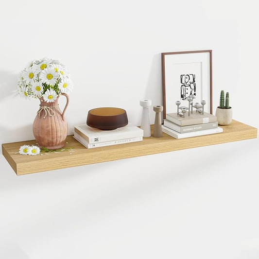 48 Inch Floating Shelves, 12 Inch Deep Floating Shelves for Wall, Large Floating Shelf with Invisible Brackets, Deep Shelves for Bathroom, Bedroom, Living Room, 1 Pack, Natural-CasaMuseHome