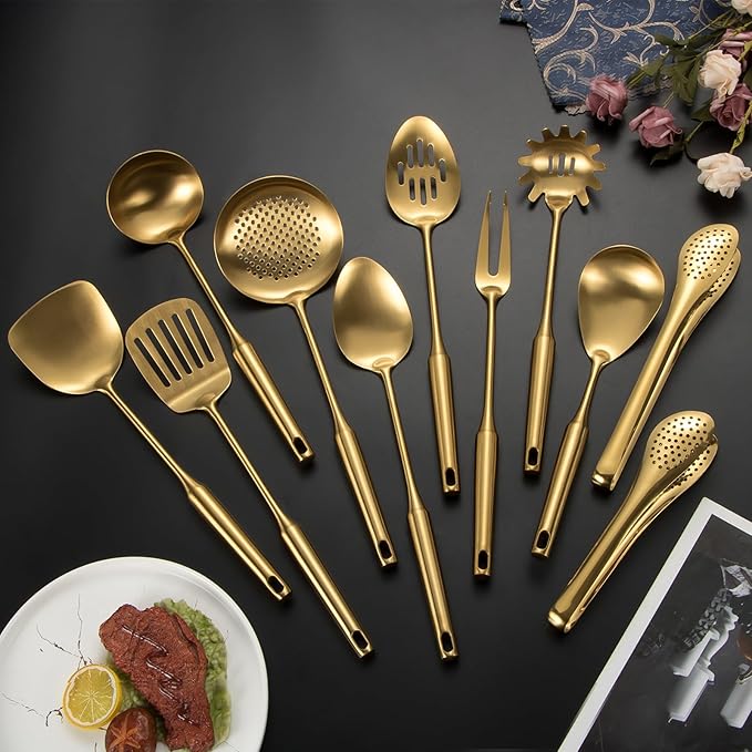 304 Stainlss Steel Matte Kitchen Utensils Set, 11 Pcs Long Metal Cooking Utensil Gadgets Tools Set with Spatula, Spoon, Ladle, Skimmer, Tunner, Pasta Server, Tongs(Gold, Dishwasher Safe)-CasaMuseHome