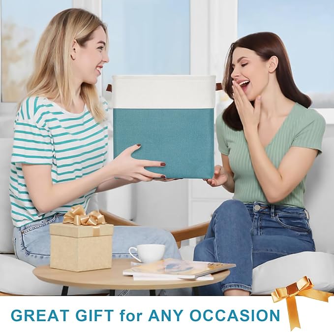 13x13 Cube Storage Bins, Collapsible Fabric Storage Box, 4 Pack Closet Baskets with Handles for Organizing, Shelf, Toys, Clothes, Home, Office, Nursery (Teal&White)-CasaMuseHome