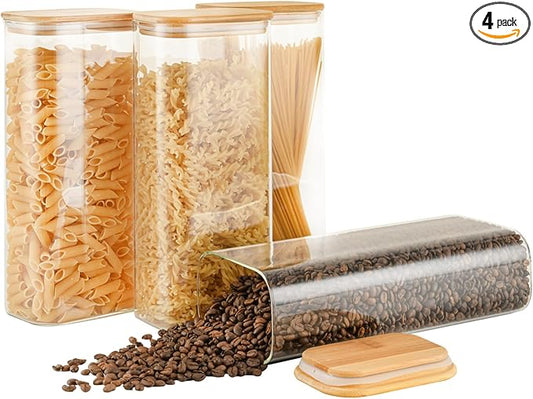71oz Rectangle Airtight Glass Storage Containers with Bamboo Lids (Set of 4), Square Food Storage Jar, Pantry Organizers for Sugar, Flour, Spaghetti and Coffee beans (‎with Black Lable)-CasaMuseHome