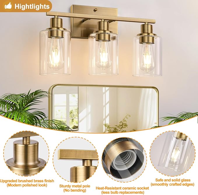 3 Light Bathroom Light Fixtures, Brass Vanity Lights for Bathroom with Clear Glass Shades, Modern Bathroom Wall Sconces for Mirror Living Room Cabinet-CasaMuseHome