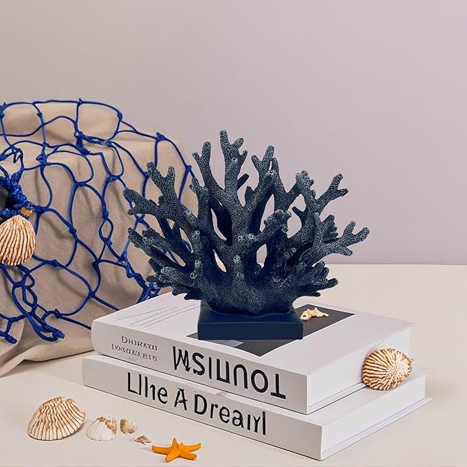 5.8" H Dark Blue Coral Decor - Resin Coral Statue, Nautical Decor for Home, Bedroom, Bathroom, Living Room, Ocean Themed Cabinet Shelf Tabletop Decoration-CasaMuseHome