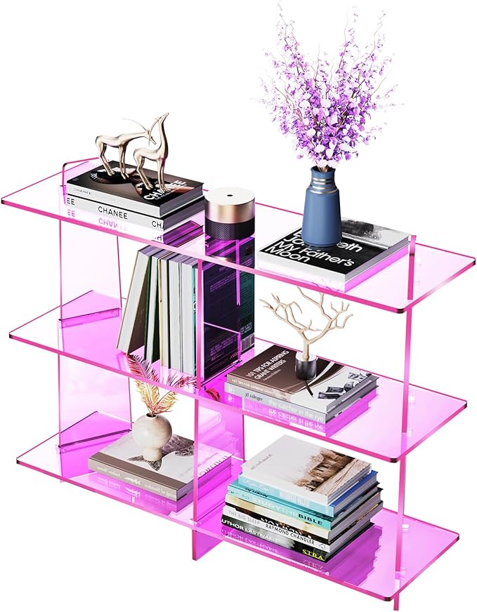 Acrylic Bookshelf, Small 3 Tier Open Bookcase for Small Spaces,Sofa Table, Hallway Entry Table for Home Living Room (Pink, 39.4'' x 11.8'' x 31.5'')-CasaMuseHome