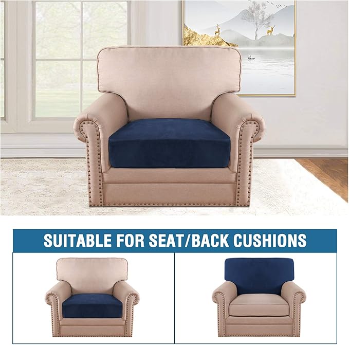 H.VERSAILTEX Velvet Stretch Couch Cushion Cover Plush Cushion Slipcover for Chair Cushion Furniture Protector Seat Cushion Sofa Cover (1 Piece Armchair Cushion Covers, Navy)-CasaMuseHome