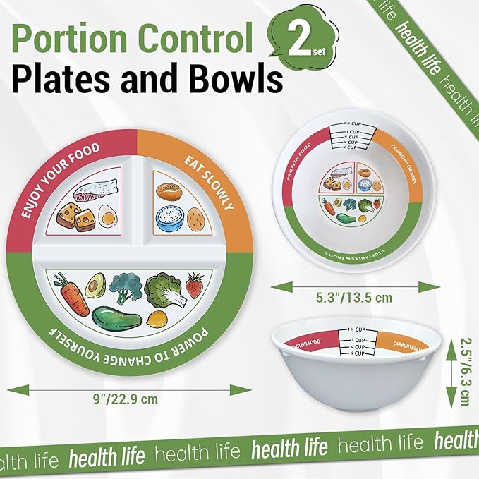 4 Pcs Portion Control Plates & Bowls Set (9 Inch), Self-Measuring for Weight Loss, Gastric Bypass, LapBand, Diabetes, & Healthy Diets, Divided Nutrition Plates for Adults & Children-CasaMuseHome