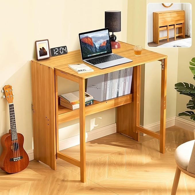 31.5" Bamboo Folding Desk,Space-Saving Computer Desk for Small Spaces, Foldable Study Table for Bedroom, Home Office, Dorm, Apartment（Natural）-CasaMuseHome