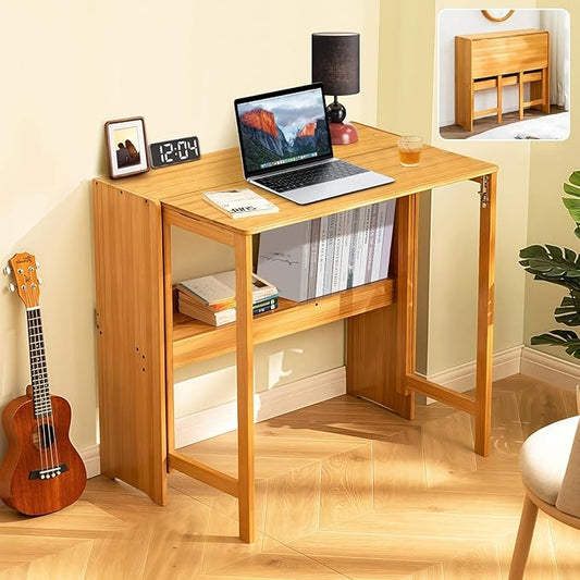 31.5" Bamboo Folding Desk,Space-Saving Computer Desk for Small Spaces, Foldable Study Table for Bedroom, Home Office, Dorm, Apartment（Natural）-CasaMuseHome