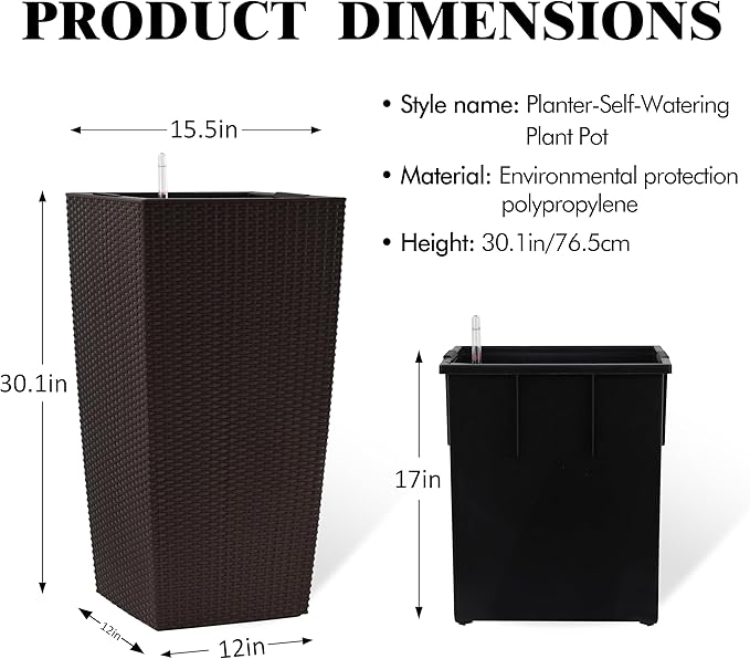 30in Tall Large Plant Pots Planter-Self-Watering Indoor/Outdoor Planting with Drain Holes, Water Level Monitor, Inner Bucket for Front Porch Patio, Brown Large-CasaMuseHome