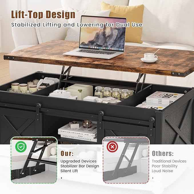 48" Farmhouse Lift Top Coffee Table with Storage Sliding Barn Door & Large Hidden Compartment, Coffee Table with Lifting Top with Wooden Lift Tabletop, Coffee Tables for Living Room, Black-CasaMuseHome