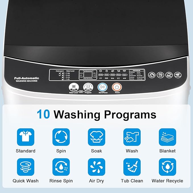 17Lbs Portable Washing Machine with10 Washing Programs, 2.2 Cu. Ft. Full Automatic Washer and Spinner Combo, Compact Laundry Washer Spinner for Apartment RV Dorm (2.2Cu. Ft)-CasaMuseHome