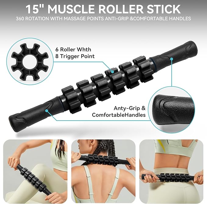5 in1 Foam Roller Set for Deep Tissue Muscle Massage, High Density Fitness Exercise Foam Roller, Massage Roller, Massage Ball, Resistance Band, for Whole Body (Black)-CasaMuseHome