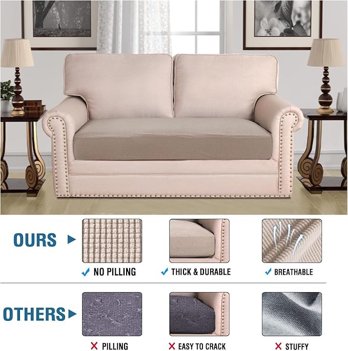 H.VERSAILTEX Super Stretch Individual Seat Cushion Covers Sofa Covers Couch Cushion Covers Slipcover Sets Thick Jacquard Textured Twill Fabric (1 Piece Loveseat Cushion Cover, Sand)-CasaMuseHome