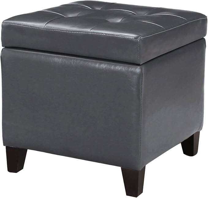 Adeco Bonded Leather Square Tufted Cubic Cube Storage Footstool, 18" Inch Ottomans & Storage Ottomans, With Lid, Dim Gray-CasaMuseHome