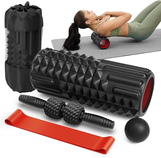 5 in 1 Foam Roller Set, High Density Foam Roller, Muscle Roller Stick, Massage Ball, Resistance Band for Physical Therapy & Deep Tissue Muscle Massage (Black)-CasaMuseHome