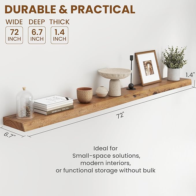 72" Floating Shelves, Live Edge Elm Wood Floating Shelf for Wall, Wall-Mounted Display Shelves with Invisible Heavy-Duty Bracket, Long Floating Shelf for Bathroom, Kitchen, Living Room, Natural Color-CasaMuseHome