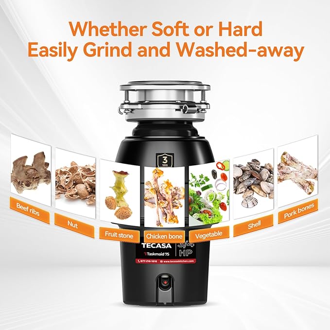 3/4 HP Garbage Disposal, TECASA Food Garbage Disposal with Power Cord, Stainless Steel Grinding System and 3-Bolt Mounting, Continuous Feed Garbage Disposals, Quiet, Taskmaid Series 75-CasaMuseHome