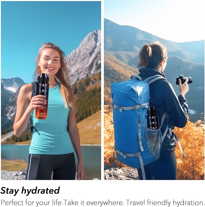 32oz Motivational Water Bottles with Time Marker & Fruit Strainer, Transparent Gradient Color Water Bottle with Times to Drink, Leakproof & BPA Free, Reusable Bottle with Strap (No Straw)-CasaMuseHome