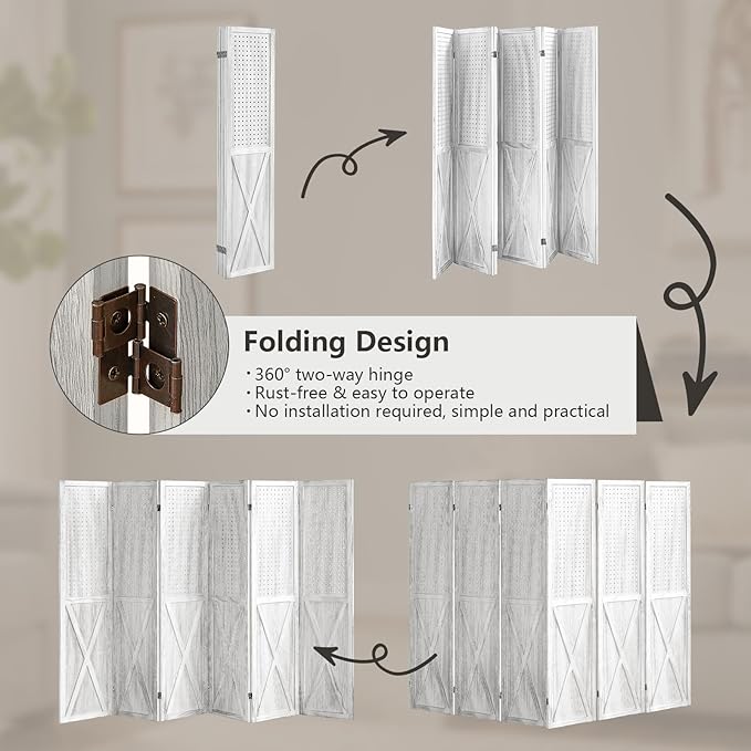 6 Panel Pegboard Room Divider, 5.6Ft Pegboard Display Folding Privacy Screens, Wood Room Divider Peg Board Display Freestanding for Trade Show Craft Show Home Wall Organizer, Retro White-CasaMuseHome