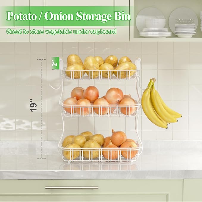 3 Tier Fruit Basket with 2 Banana Hooks, Large Capacity Multifunctional Detachable Sturdy Fruit Bowl with Wooden Handle Mesh Top for Kitchen Counter, for Bread Snacks Vegetables Produce, White-CasaMuseHome