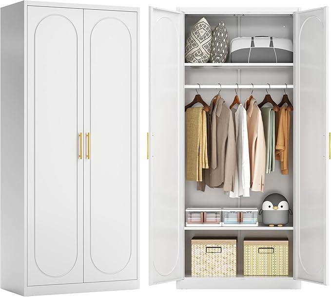 71" White Wardrobe Closet with 2 Doors, Metal Armoire Wardrobe Cabinet with Hanging Rod and Adjustable Shelves, Clothing Storage Cabinets for Bedroom, Laundry Room, Home Office-CasaMuseHome