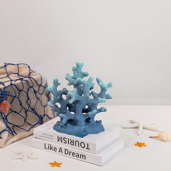 7.1" H Blue Coral Decor, Resin Coral Statue, Nautical Decorations for Home, Bedroom, Bathroom, Living Room, Beach/Coastal/Ocean Themed Cabinet Shelf Tabletop Decor-CasaMuseHome