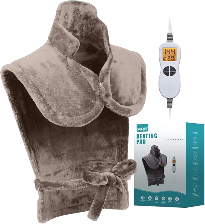 26" x 35" Flannel Neck&Shoulder&Back Heating Pad with 12 Temperature Settings&Countdown Timer, Pain Relief for Back/Neck/Shoulders/Menstrual Pain, Christmas Gifts for Women Men Mom Dad(Light Tan)-CasaMuseHome