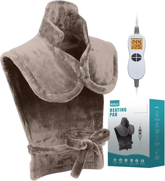 26" x 35" Flannel Neck&Shoulder&Back Heating Pad with 12 Temperature Settings&Countdown Timer, Pain Relief for Back/Neck/Shoulders/Menstrual Pain, Christmas Gifts for Women Men Mom Dad(Light Tan)-CasaMuseHome