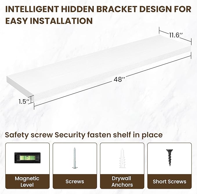 48 Inch Floating Shelves, 12 Inch Deep Floating Shelves for Wall, Floating Shelf with Invisible Brackets, Deep Wall Shelves for Bathroom, Bedroom, Living Room, 1 Pack, White-CasaMuseHome