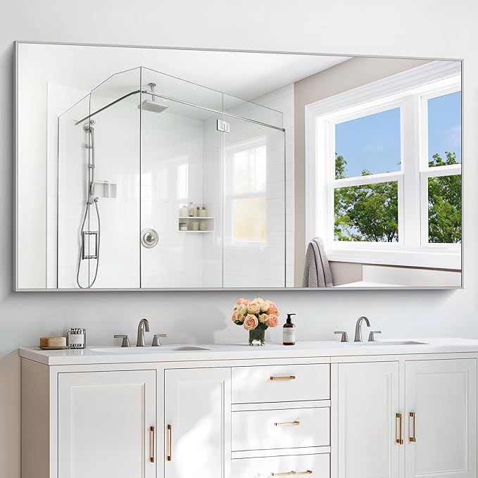 36x72inch Bathroom Mirror, Silver Rectangle Mirror with Thin Metal Frame, Large Rectangular Wall Mirrors for Bathroom, Living Roomm, Hair Salon, Big Farmehouse Mirror Hang Horizontal/Vertical-CasaMuseHome