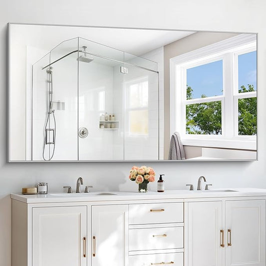 36x72inch Bathroom Mirror, Silver Rectangle Mirror with Thin Metal Frame, Large Rectangular Wall Mirrors for Bathroom, Living Roomm, Hair Salon, Big Farmehouse Mirror Hang Horizontal/Vertical-CasaMuseHome