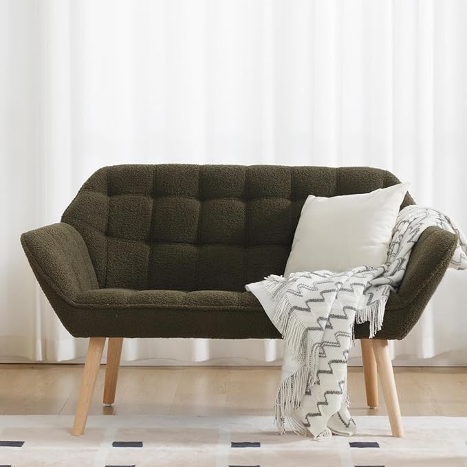 48”Small Loveseat Sofa, Modern Sherpa Upholstered Mini Couch 2-Seater Fluffy Love Seat with Quilting Backs and Wood Legs for Small Space, Living Room, Bedroom, Green-CasaMuseHome