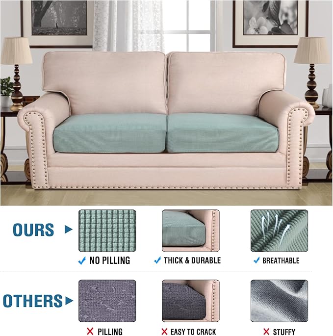 H.VERSAILTEX Super Stretch Individual Seat Cushion Covers Sofa Covers Couch Sets Slipcover Thick Jacquard Textured Twill Fabric (2 Piece Large Sofa Cushion Covers, Sage)-CasaMuseHome