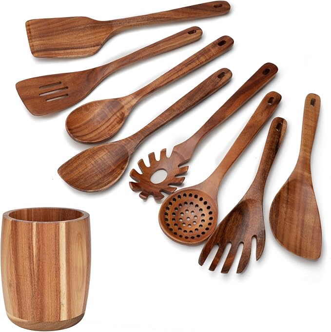 9 PCS Kitchen Utensils Set - Wooden Spoons for Cooking, Natural Teak Wooden Utensils - Includes Wooden Spoons, Spatula Set, Slotted Spoon - Handmade Wooden Spoon Set-CasaMuseHome