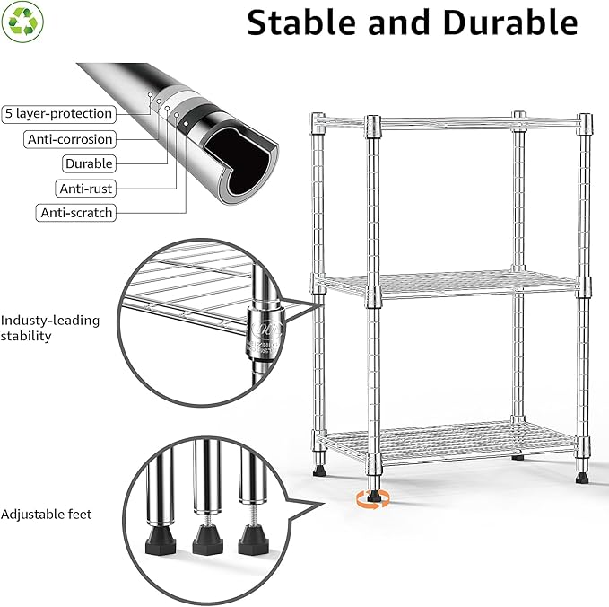 450 lbs Wire Storage Shelving 3-Tier Utility Shelving Unit Steel Organizer Wire Rack for Home,Kitchen,Office,Chrome(11.8" D x 17.7" W x 26.4" H)-CasaMuseHome