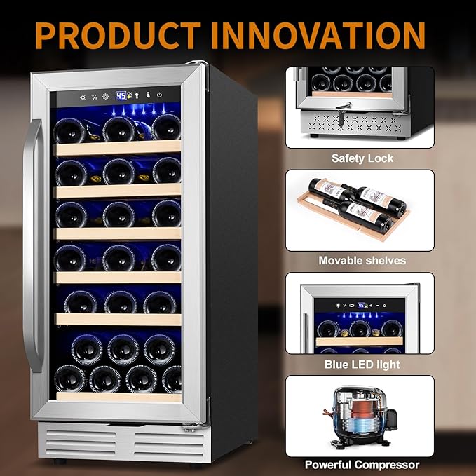 15 Inch Wine Fridge 32 Bottles Wine Cooler Refrigerator Undercounter Wine Fridge with Glass Door, LED Light, Removable Wooden Shelves, Built-in or Freestanding Wine Refrigerator for Home Office Bar-CasaMuseHome